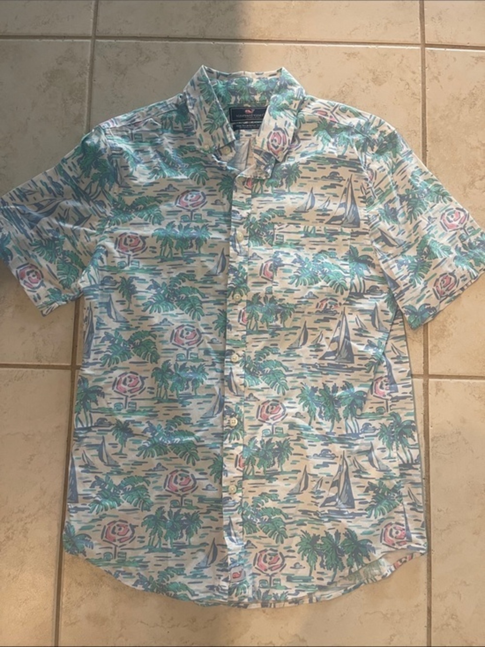 Vineyard Vines Tropical Sailboat Short-Sleeve Button-Down - Blue/Green S